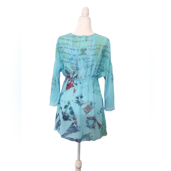 Daniel Benjamin Turquoise V-Neck Sheer Tunic Blouse Size Large - Picture 3 of 4